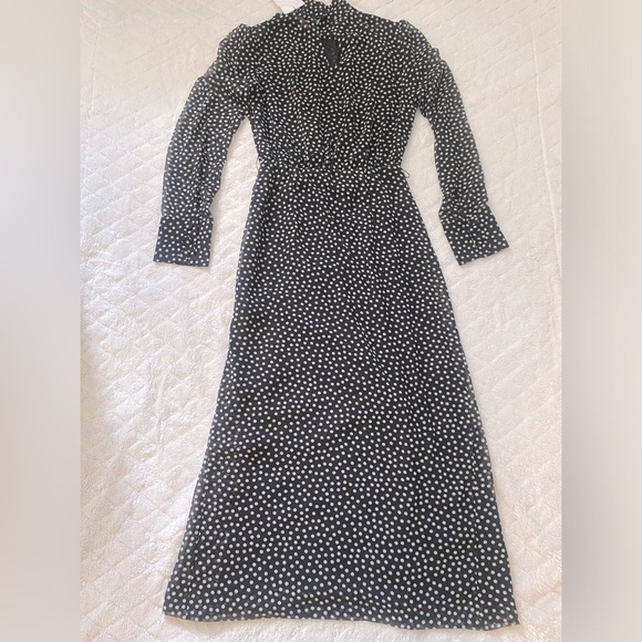 Zara Black Polkadot Mock Neck Ruffle Dark Romance Maxi Dress Size S NWT - Picture 6 of 9